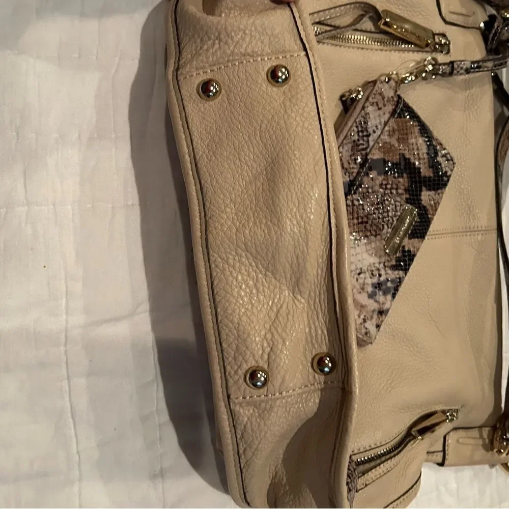 B. Makowsky Leather Bag with Crossbody strap. Cream leather with snakeskin trim